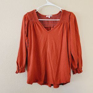 Sundry Womens V Neck Peasant Top Size 1 Small Smocked 3/4 Sleeve Pima Cotton
